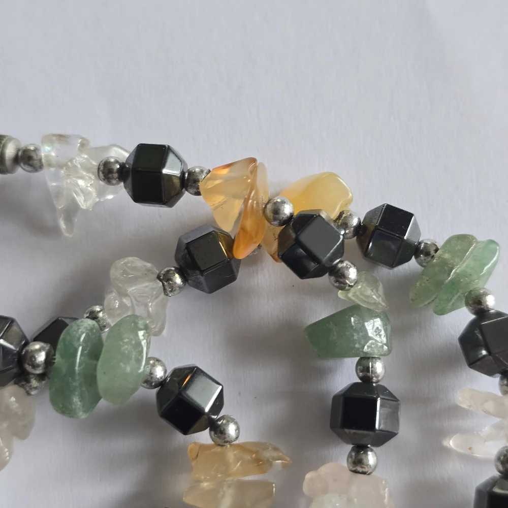 Handmade gemstone necklace beaded yellow green grey gray silver tone clear